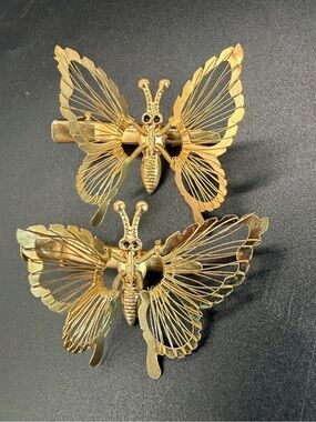 2 Vintage Gold Tone Moving Butterfly Hair Clip Fluttering Wings Alligator Clip